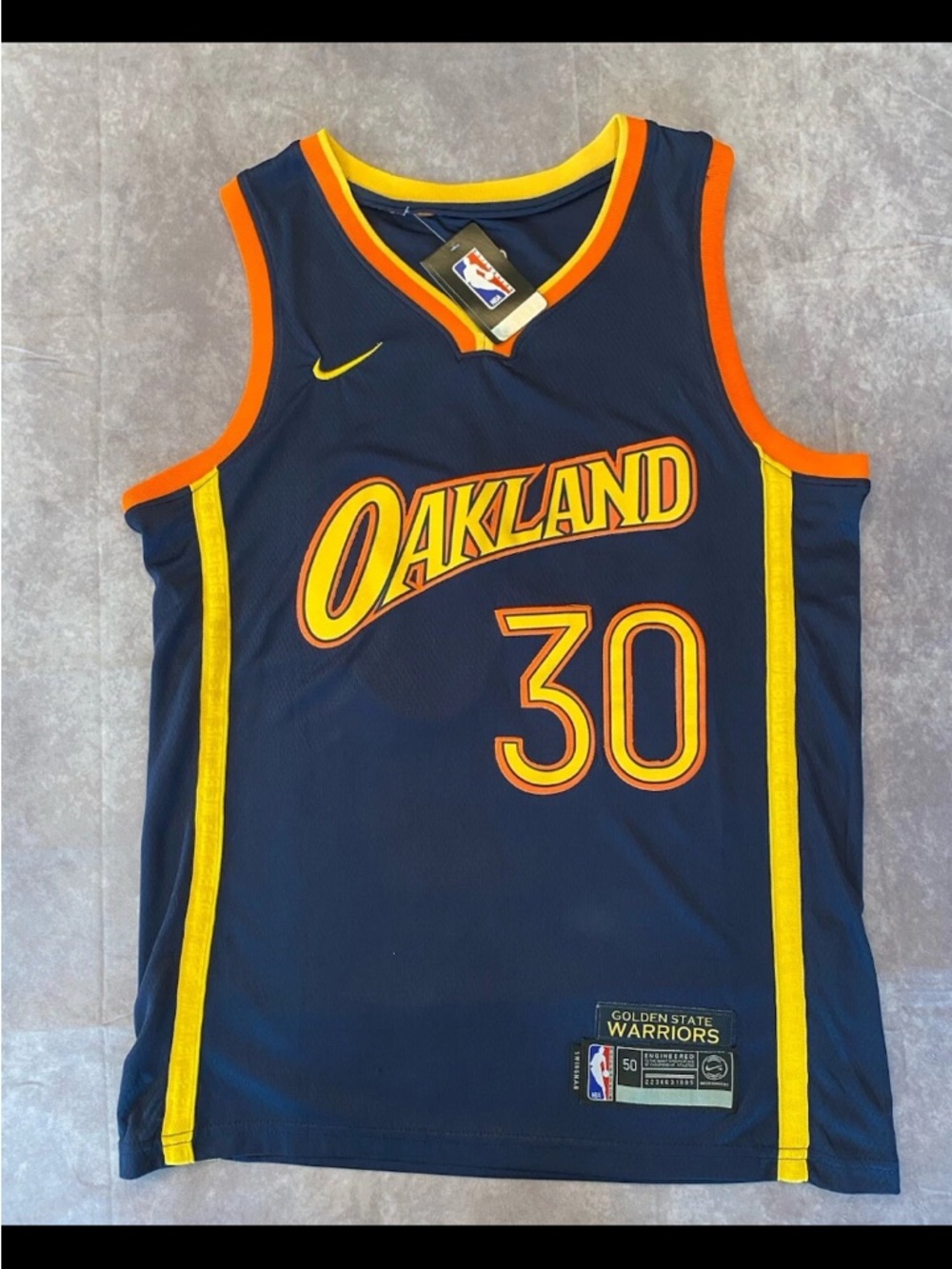 Nike Navy Oakland #30 Curry Basketball Jersey with Yellow and Orange Trim